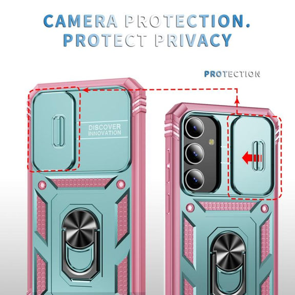 For Samsung Galaxy S25 5G Sliding Camshield TPU Hybrid PC Phone Case with Holder(Green+Pink)