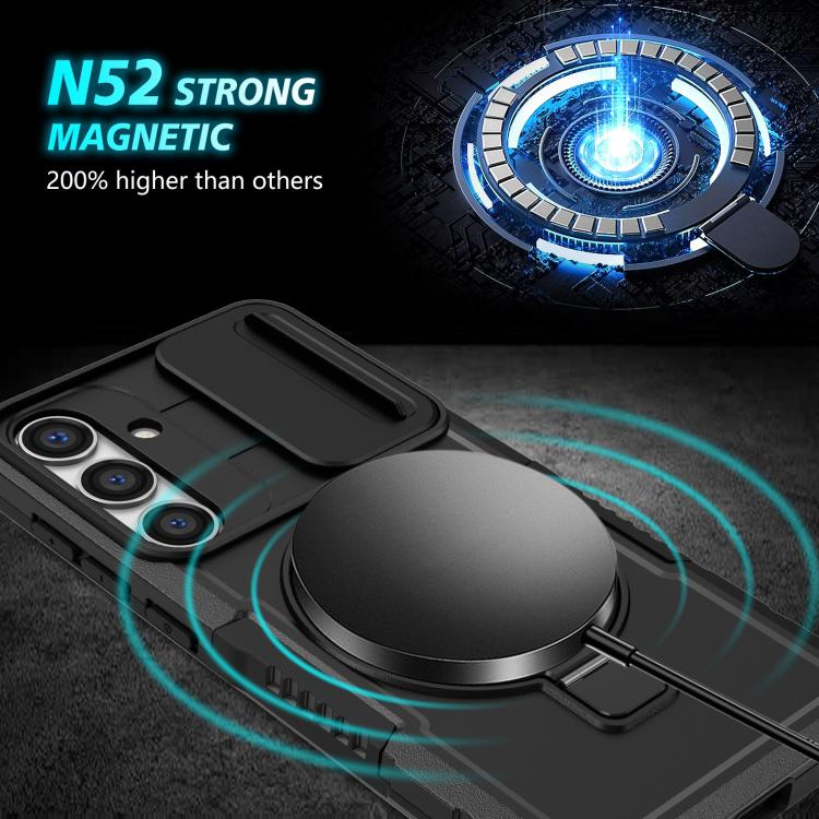For Samsung Galaxy S25 5G Sliding Camshield MagSafe Holder TPU Hybrid PC Phone Case(Black)