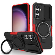 For Samsung Galaxy S25 5G Sliding Camshield MagSafe Holder TPU Hybrid PC Phone Case(Black Red)