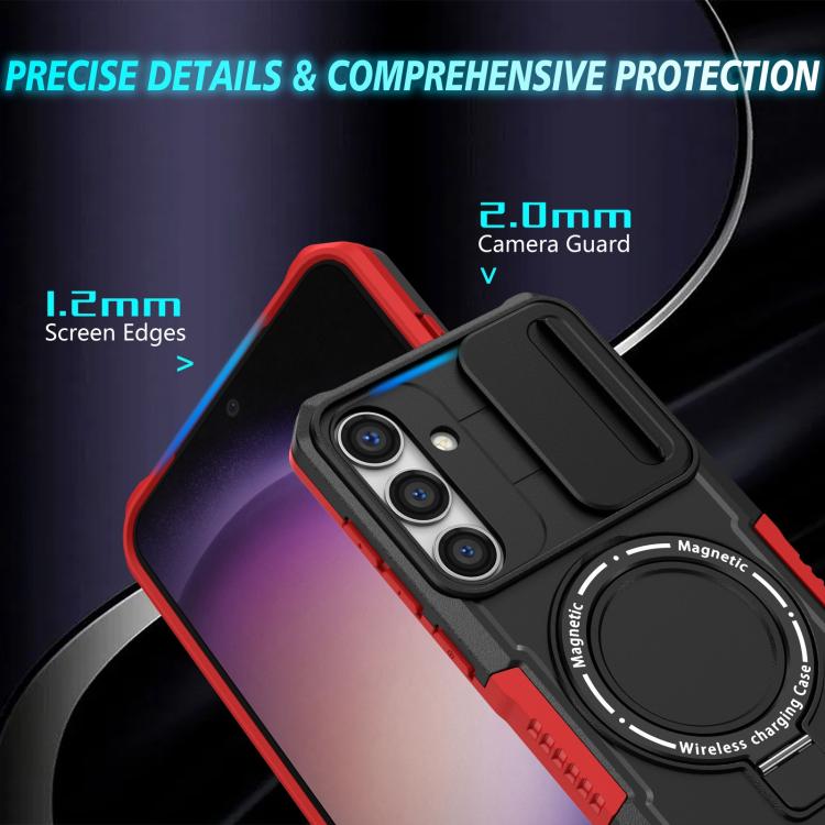 For Samsung Galaxy S25 5G Sliding Camshield MagSafe Holder TPU Hybrid PC Phone Case(Black Red)