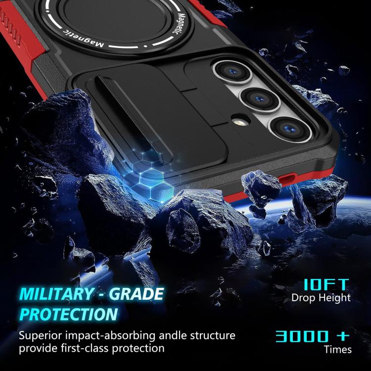 For Samsung Galaxy S25 5G Sliding Camshield MagSafe Holder TPU Hybrid PC Phone Case(Black Red)