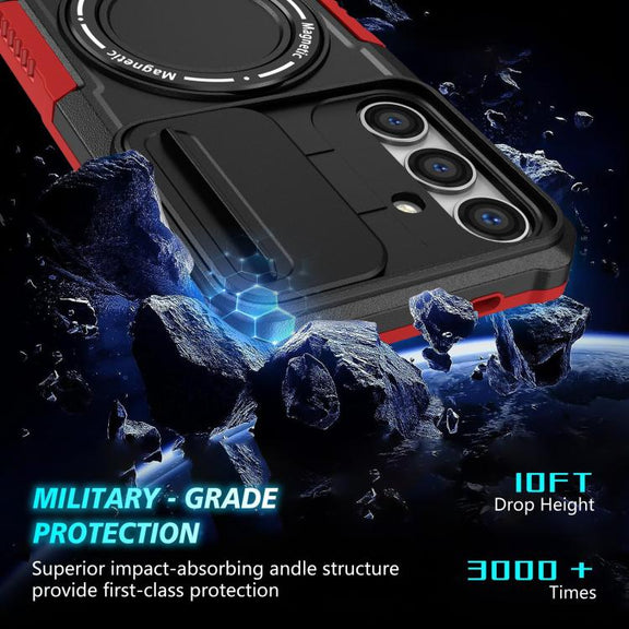 For Samsung Galaxy S25 5G Sliding Camshield MagSafe Holder TPU Hybrid PC Phone Case(Black Red)
