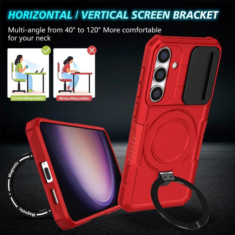 For Samsung Galaxy S25 5G Sliding Camshield MagSafe Holder TPU Hybrid PC Phone Case(Red)