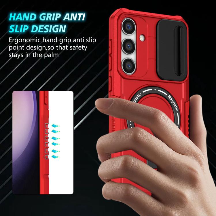 For Samsung Galaxy S25 5G Sliding Camshield MagSafe Holder TPU Hybrid PC Phone Case(Red)