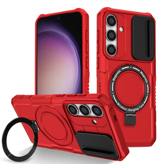 For Samsung Galaxy S25 5G Sliding Camshield MagSafe Holder TPU Hybrid PC Phone Case(Red)