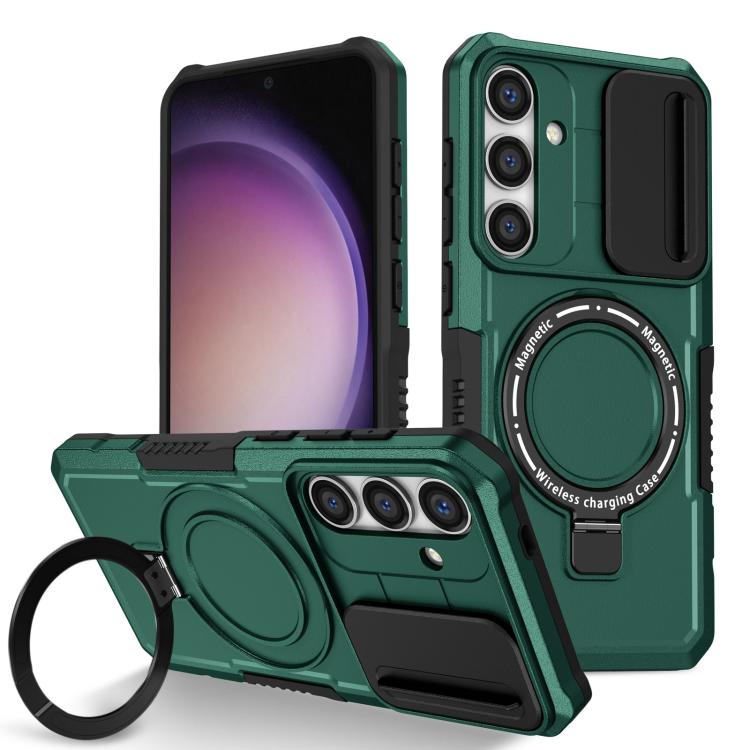 For Samsung Galaxy S25 5G Sliding Camshield MagSafe Holder TPU Hybrid PC Phone Case(Deep Green)