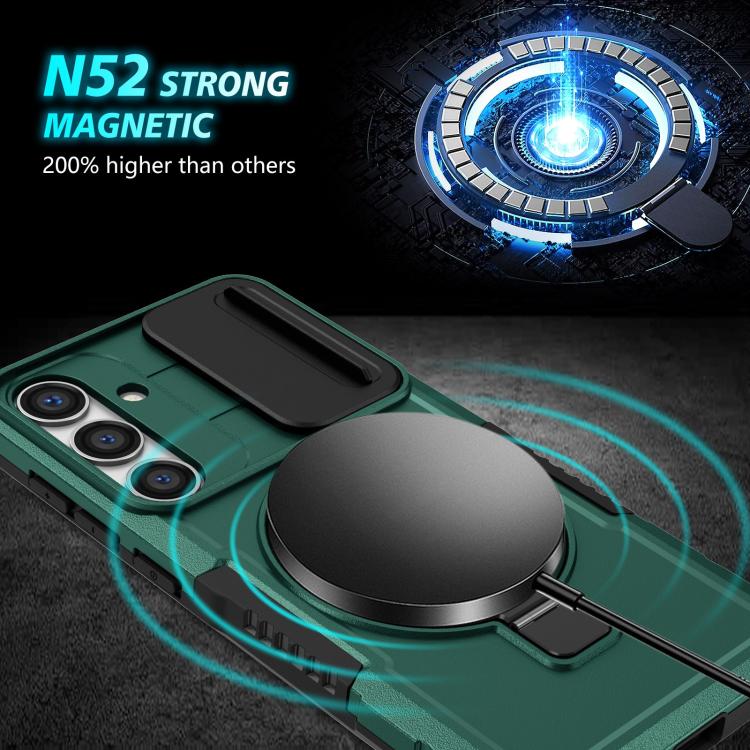 For Samsung Galaxy S25 5G Sliding Camshield MagSafe Holder TPU Hybrid PC Phone Case(Deep Green)