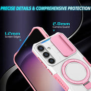 For Samsung Galaxy S25+ 5G Sliding Camshield MagSafe Holder TPU Hybrid PC Phone Case(Pink White)