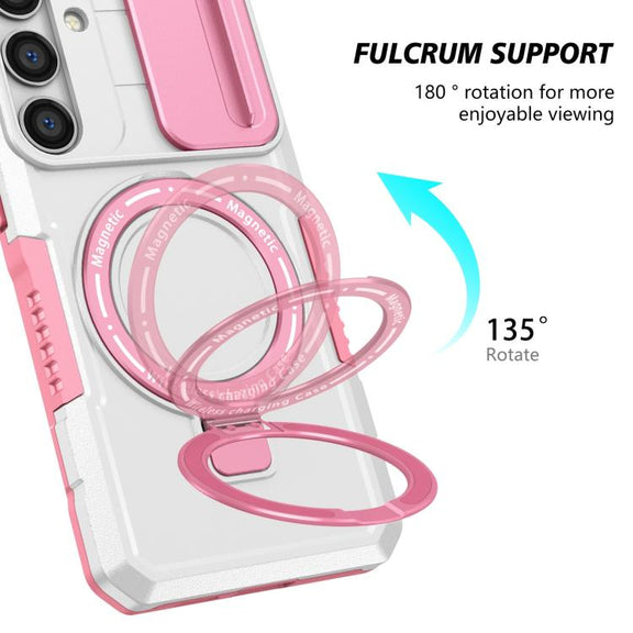 For Samsung Galaxy S25+ 5G Sliding Camshield MagSafe Holder TPU Hybrid PC Phone Case(Pink White)