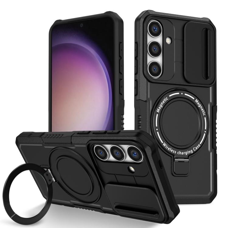For Samsung Galaxy S25+ 5G Sliding Camshield MagSafe Holder TPU Hybrid PC Phone Case(Black)