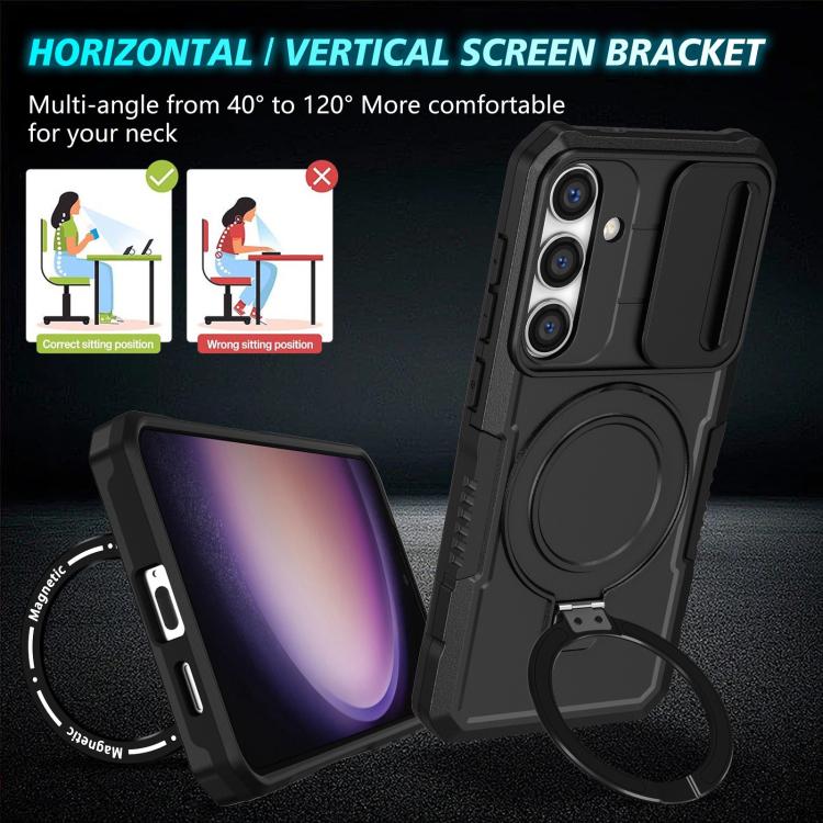 For Samsung Galaxy S25+ 5G Sliding Camshield MagSafe Holder TPU Hybrid PC Phone Case(Black)
