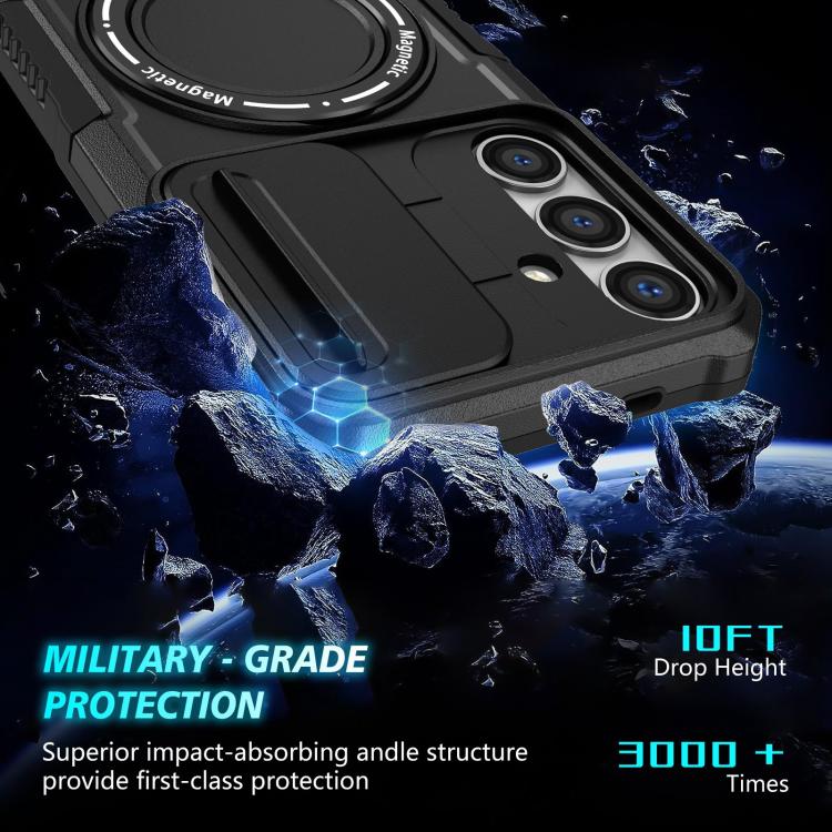 For Samsung Galaxy S25+ 5G Sliding Camshield MagSafe Holder TPU Hybrid PC Phone Case(Black)