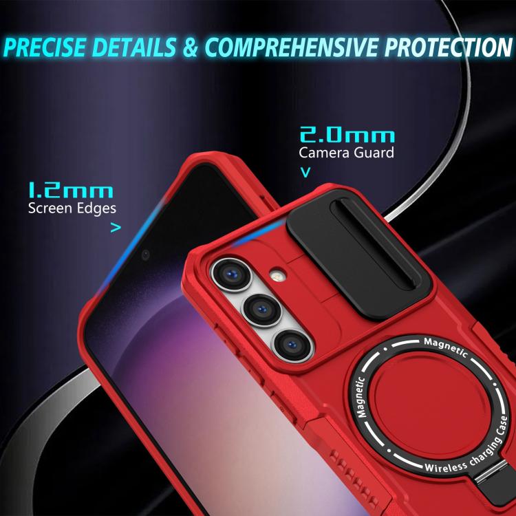 For Samsung Galaxy S25+ 5G Sliding Camshield MagSafe Holder TPU Hybrid PC Phone Case(Red)