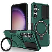For Samsung Galaxy S25+ 5G Sliding Camshield MagSafe Holder TPU Hybrid PC Phone Case(Deep Green)