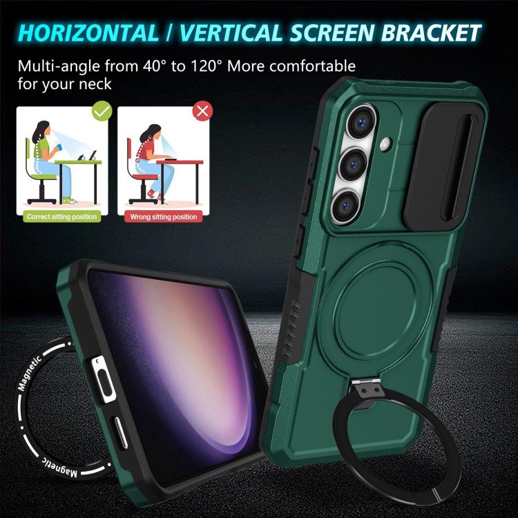 For Samsung Galaxy S25+ 5G Sliding Camshield MagSafe Holder TPU Hybrid PC Phone Case(Deep Green)