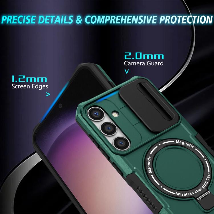 For Samsung Galaxy S25+ 5G Sliding Camshield MagSafe Holder TPU Hybrid PC Phone Case(Deep Green)