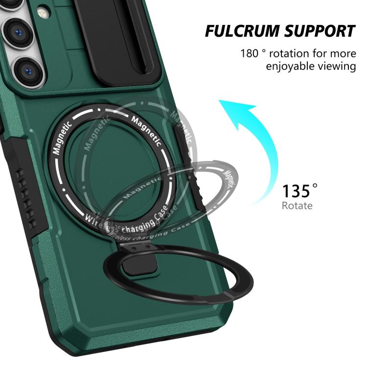 For Samsung Galaxy S25+ 5G Sliding Camshield MagSafe Holder TPU Hybrid PC Phone Case(Deep Green)