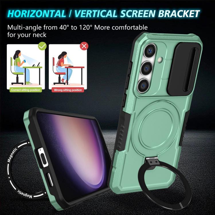 For Samsung Galaxy S25+ 5G Sliding Camshield MagSafe Holder TPU Hybrid PC Phone Case(Light Blue)