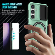 For Samsung Galaxy S25+ 5G Sliding Camshield MagSafe Holder TPU Hybrid PC Phone Case(Light Blue)
