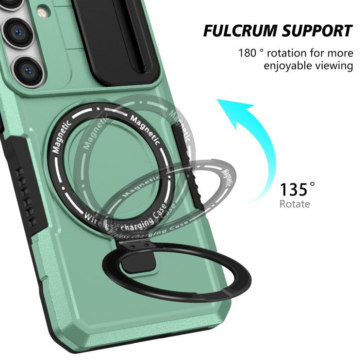 For Samsung Galaxy S25+ 5G Sliding Camshield MagSafe Holder TPU Hybrid PC Phone Case(Light Blue)