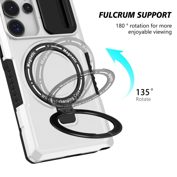 For Samsung Galaxy S25 Ultra 5G Sliding Camshield MagSafe Holder TPU Hybrid PC Phone Case(Black White)