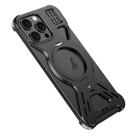 For iPhone 15 Pro Max Armor 360 Holder Frameless Alloy MagSafe Phone Case(Black)