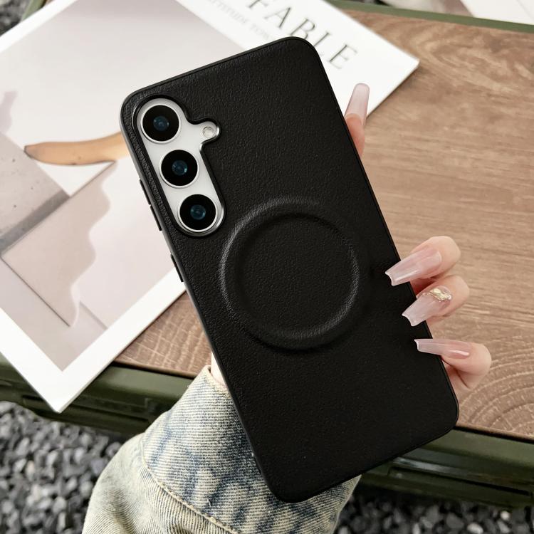 For Samsung Galaxy S25 5G Magsafe Magnetic Plain Leather Phone Case(Black)