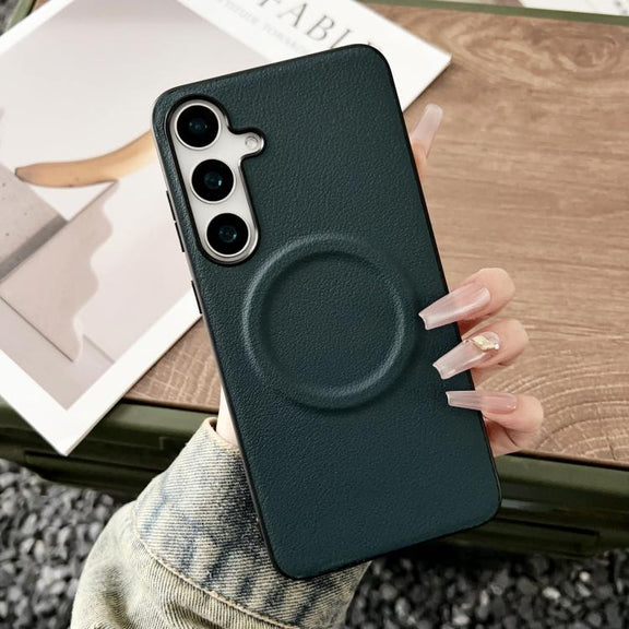 For Samsung Galaxy S25 5G Magsafe Magnetic Plain Leather Phone Case(Dark Green)