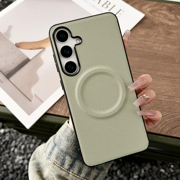 For Samsung Galaxy S25+ 5G Magsafe Magnetic Plain Leather Phone Case(Light Green)