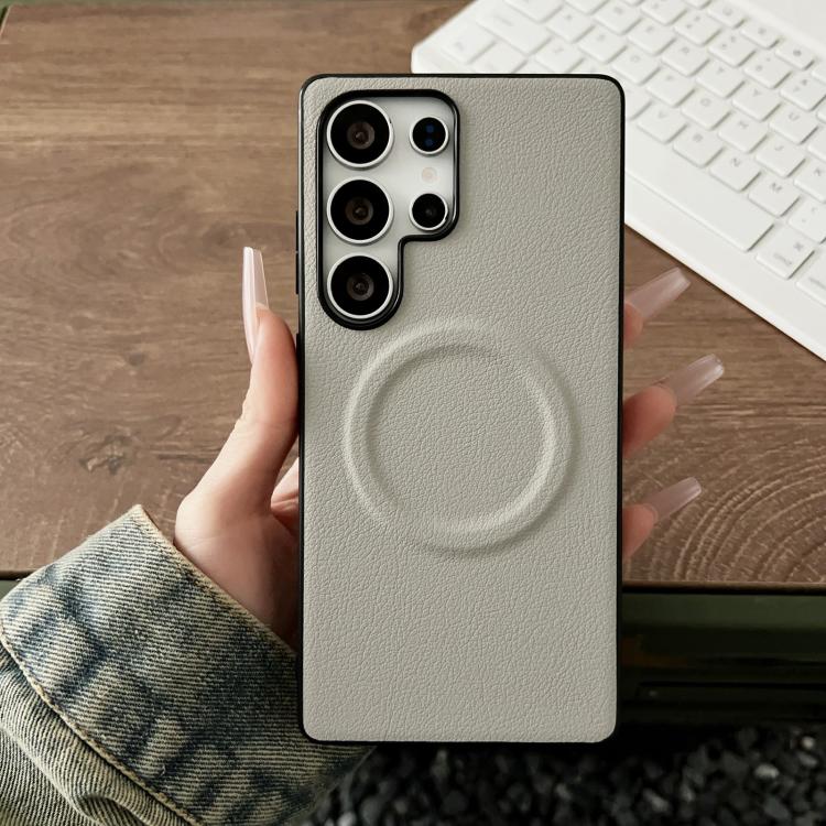 For Samsung Galaxy S25 Ultra 5G Magsafe Magnetic Plain Leather Phone Case(White)