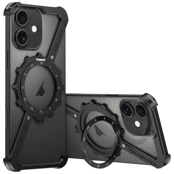For iPhone 16 Z-shaped Frameless Metal 360 Holder MagSafe Phone Case(Black)