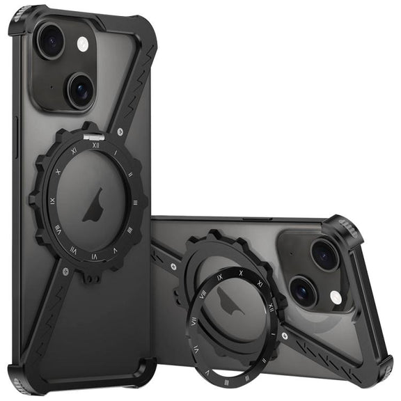 For iPhone 15 Z-shaped Frameless Metal 360 Holder MagSafe Phone Case(Black)