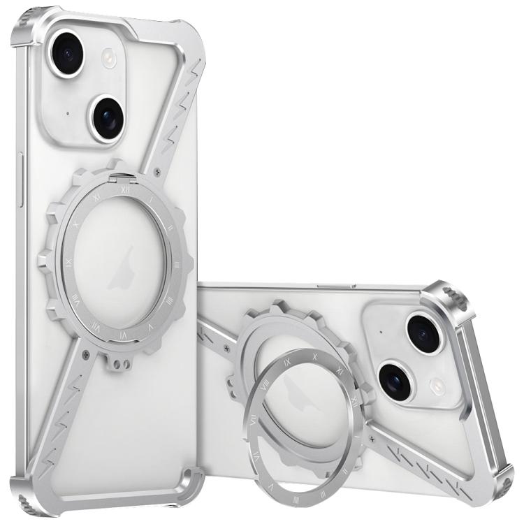 For iPhone 13 Z-shaped Frameless Metal 360 Holder MagSafe Phone Case(Space Silver)