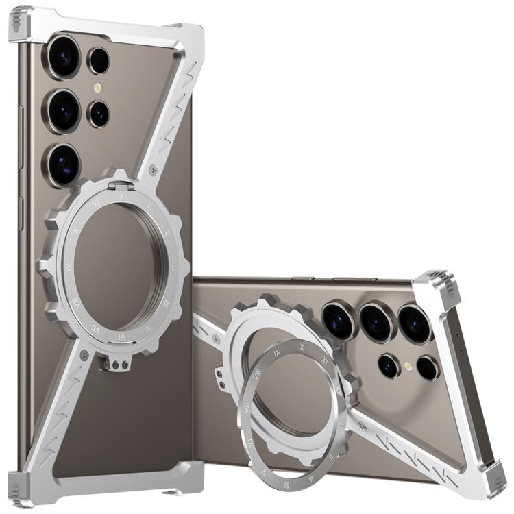 For Samsung Galaxy S22 Ultra 5G Z-shaped Frameless Metal 360 Holder MagSafe Phone Case(Space Silver)
