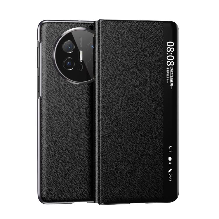 For Huawei Mate X6 Electroplating Litchi Pattern Grain Leather Smart Window MagSafe Phone Leather Case(Black)