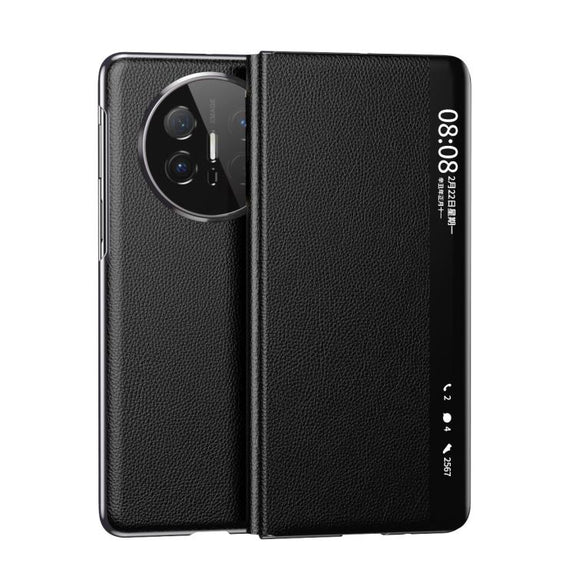 For Huawei Mate X6 Electroplating Litchi Pattern Grain Leather Smart Window MagSafe Phone Leather Case(Black)