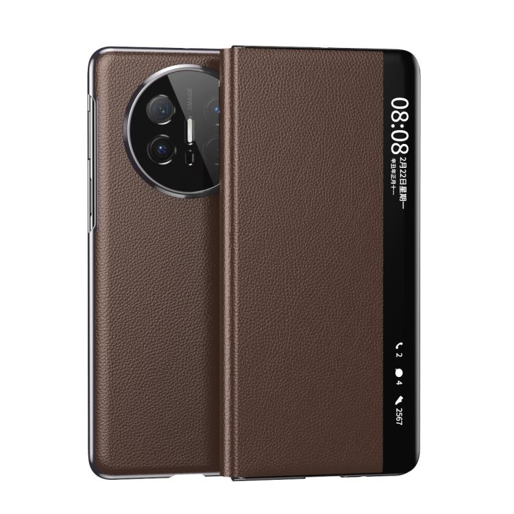 For Huawei Mate X6 Electroplating Litchi Pattern Grain Leather Smart Window MagSafe Phone Leather Case(Coffee)