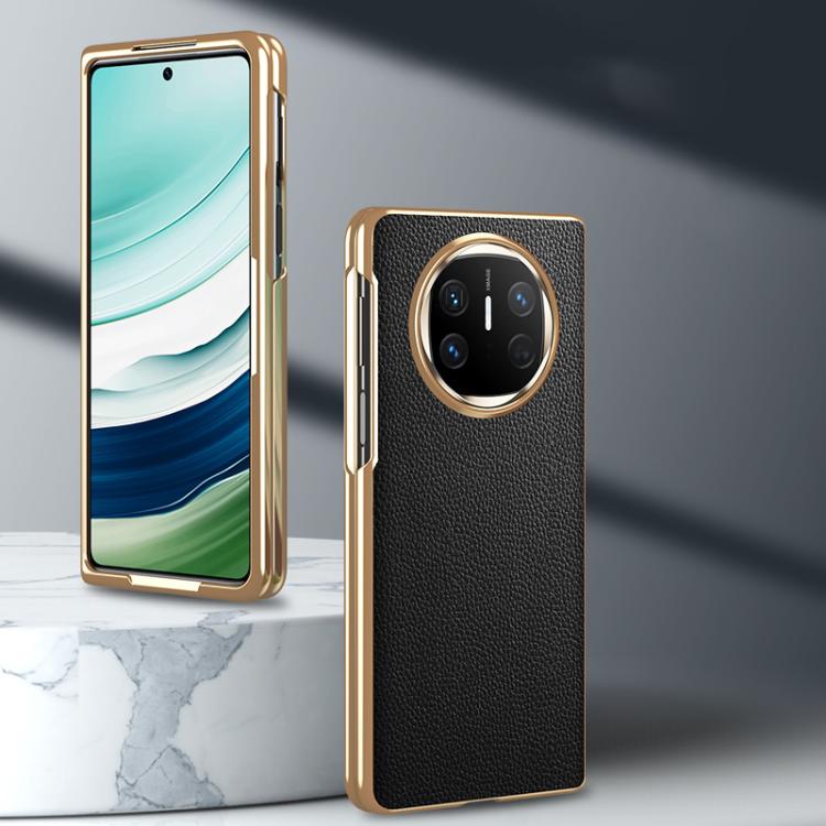 For Huawei Mate X6 Electroplated Litchi Pattern Phone Leather Case with Glass Lens(Black)