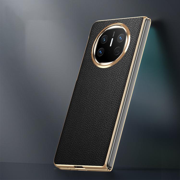 For Huawei Mate X6 Electroplated Litchi Pattern Phone Leather Case with Glass Lens(Black)
