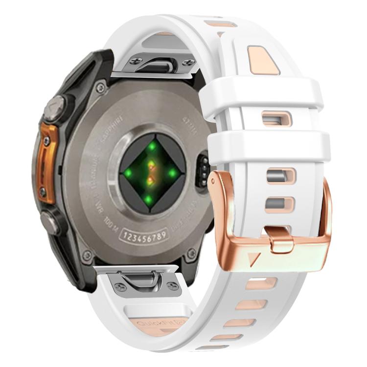 For Garmin Fenix 8 AMOLED 43mm Rose Gold Steel Buckle Quick Release Silicone Watch Band(White Khaki)