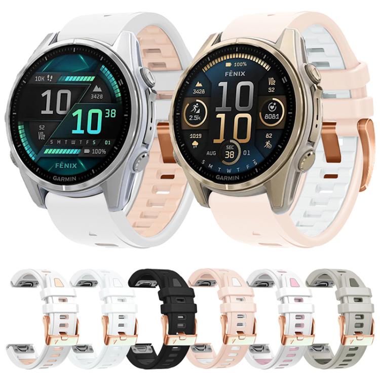 For Garmin Fenix 8 AMOLED 43mm Rose Gold Steel Buckle Quick Release Silicone Watch Band(Khaki White)