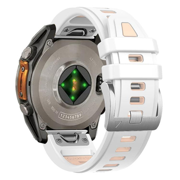 For Garmin Fenix 8 AMOLED 43mm Silver Steel Buckle Quick Release Silicone Watch Band(White Khaki)