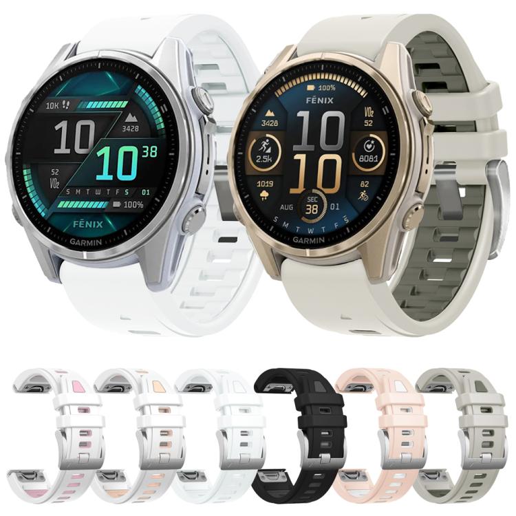 For Garmin Fenix 8 AMOLED 43mm Silver Steel Buckle Quick Release Silicone Watch Band(White Pink)