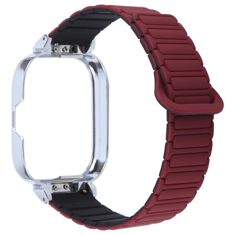 For Redmi Watch 5 / Watch 4 Metal Silver Frame Integrated I-shaped Magnetic Silicone Watch Band(Wine Red Black)