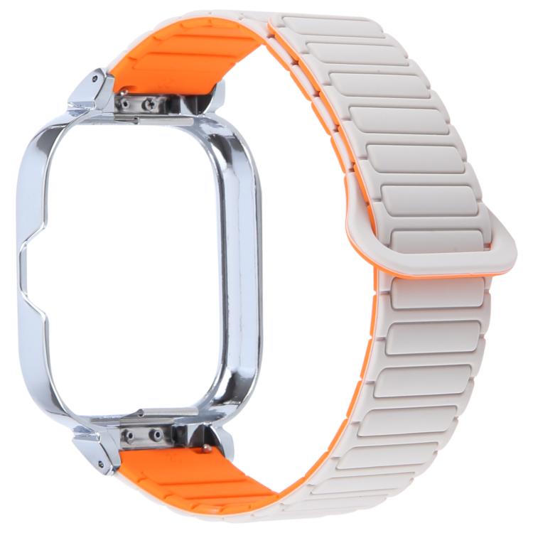 For Redmi Watch 5 / Watch 4 Metal Silver Frame Integrated I-shaped Magnetic Silicone Watch Band(White Orange)