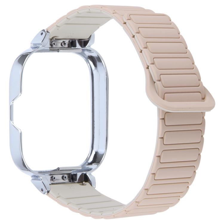 For Redmi Watch 5 / Watch 4 Metal Silver Frame Integrated I-shaped Magnetic Silicone Watch Band(Milk Tea Rocky White)