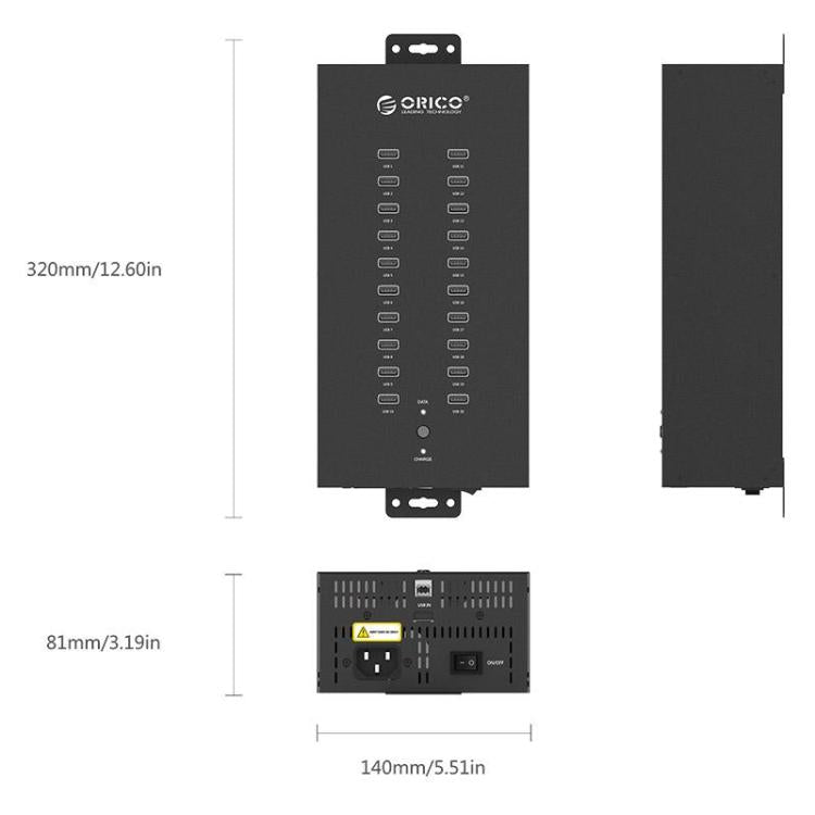 ORICO IH20P Industrial Grade 20 Ports USB 2.0 Hub, Plug:US Plug(Black)
