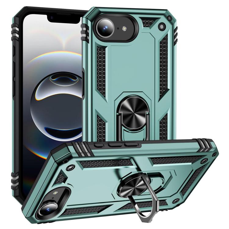 For iPhone 16e Shockproof TPU Hybrid PC Phone Case with Holder(Dark Green)
