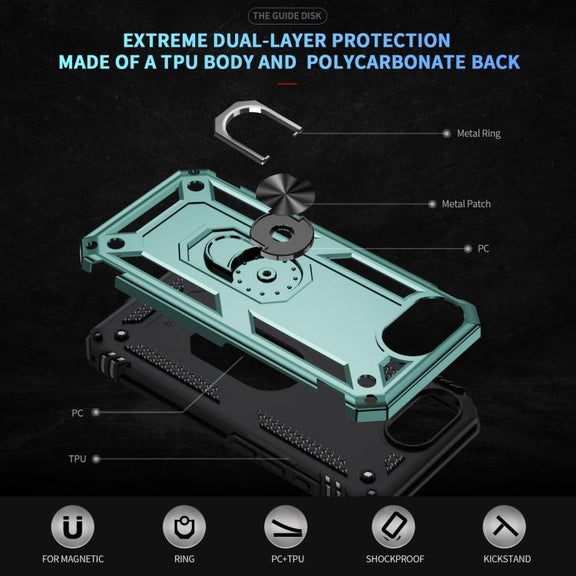 For iPhone 16e Shockproof TPU Hybrid PC Phone Case with Holder(Dark Green)