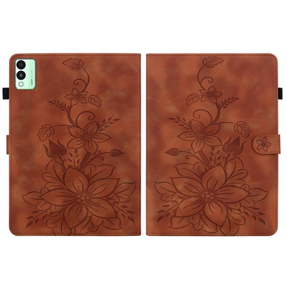 For Tecno Megapad 11 Lily Embossed Leather Tablet Case(Brown)